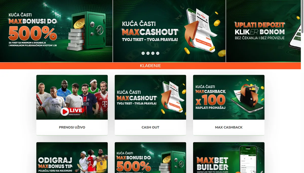 Promotivna stranica maxbet.ba sa imenovanim ponudama