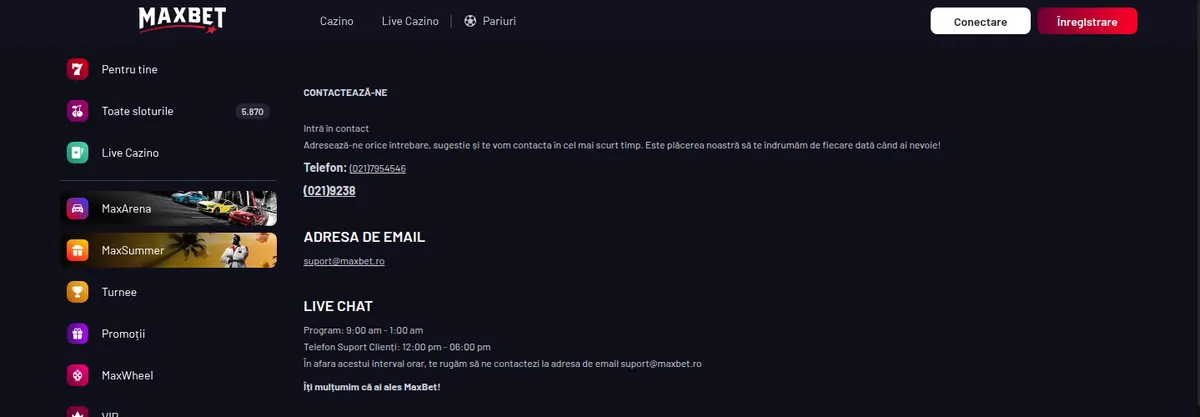 Pagina de contact a maxbet.ro