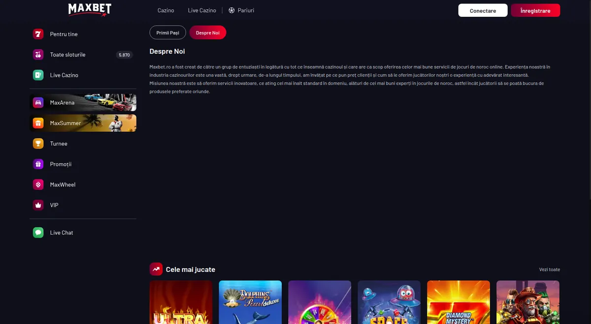 Fila Despre Noi de pe maxbet.ro cu textul de prezentare al operatorului