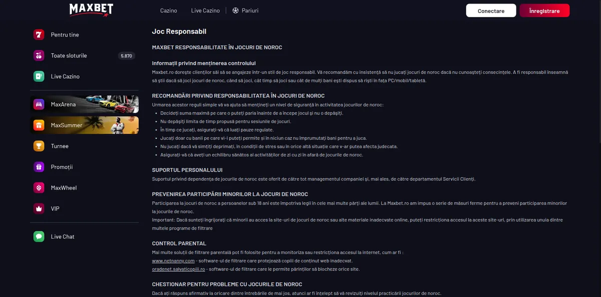 Pagina de joc responsabil a maxbet.ro
