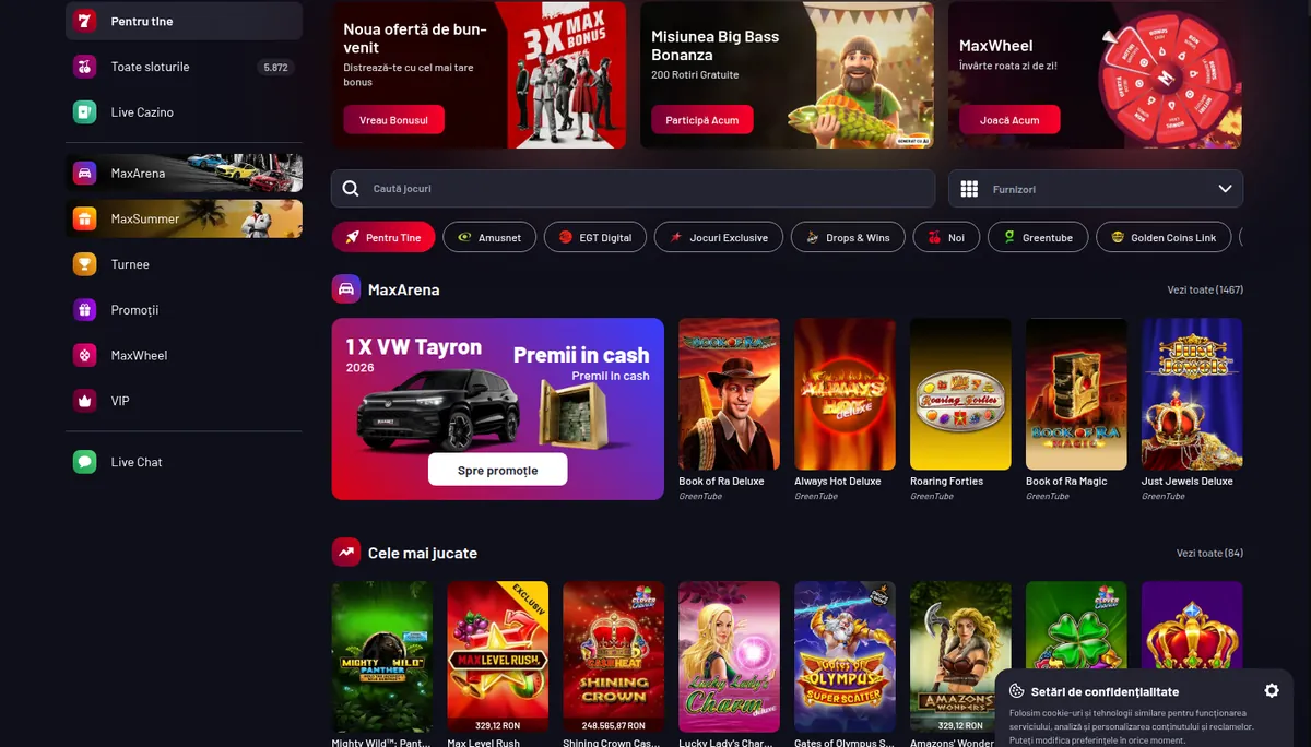 Naslovna strana maxbet.ro sa promocijama i brojem igara