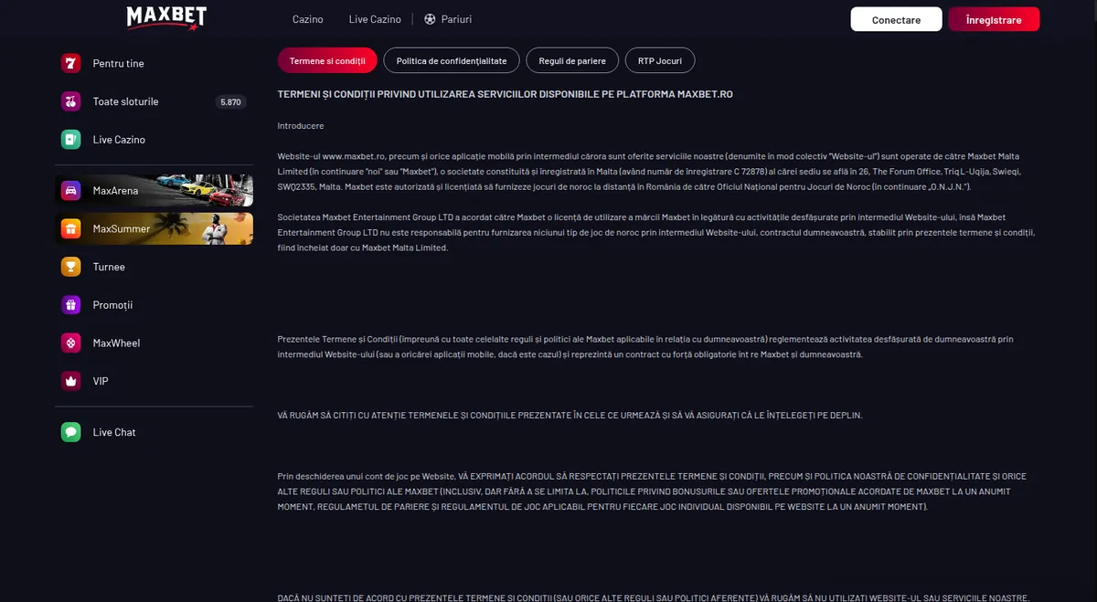 Termenele și condițiile maxbet.ro, primele paragrafe