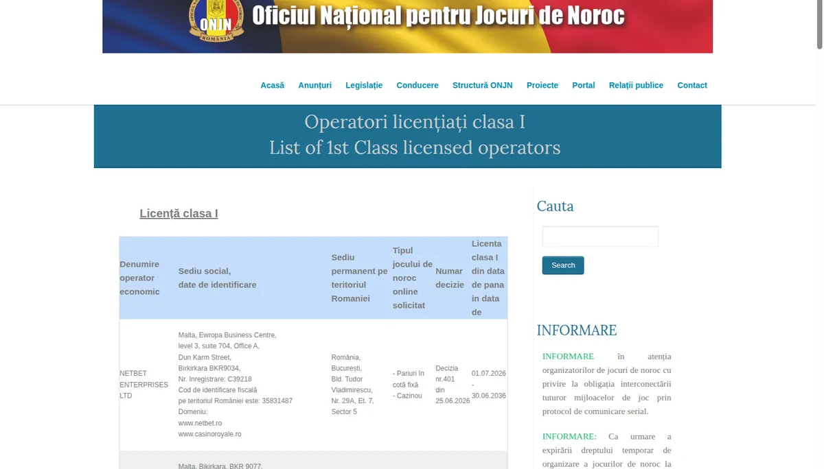 Seznam licenciranih prirediteljev razreda I na strani ONJN