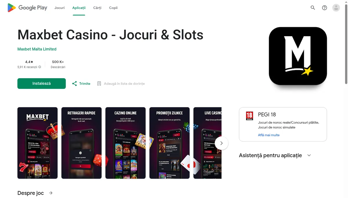 Fișa aplicației Maxbet Casino în Google Play, cu editorul Maxbet Malta Limited și începutul descrierii